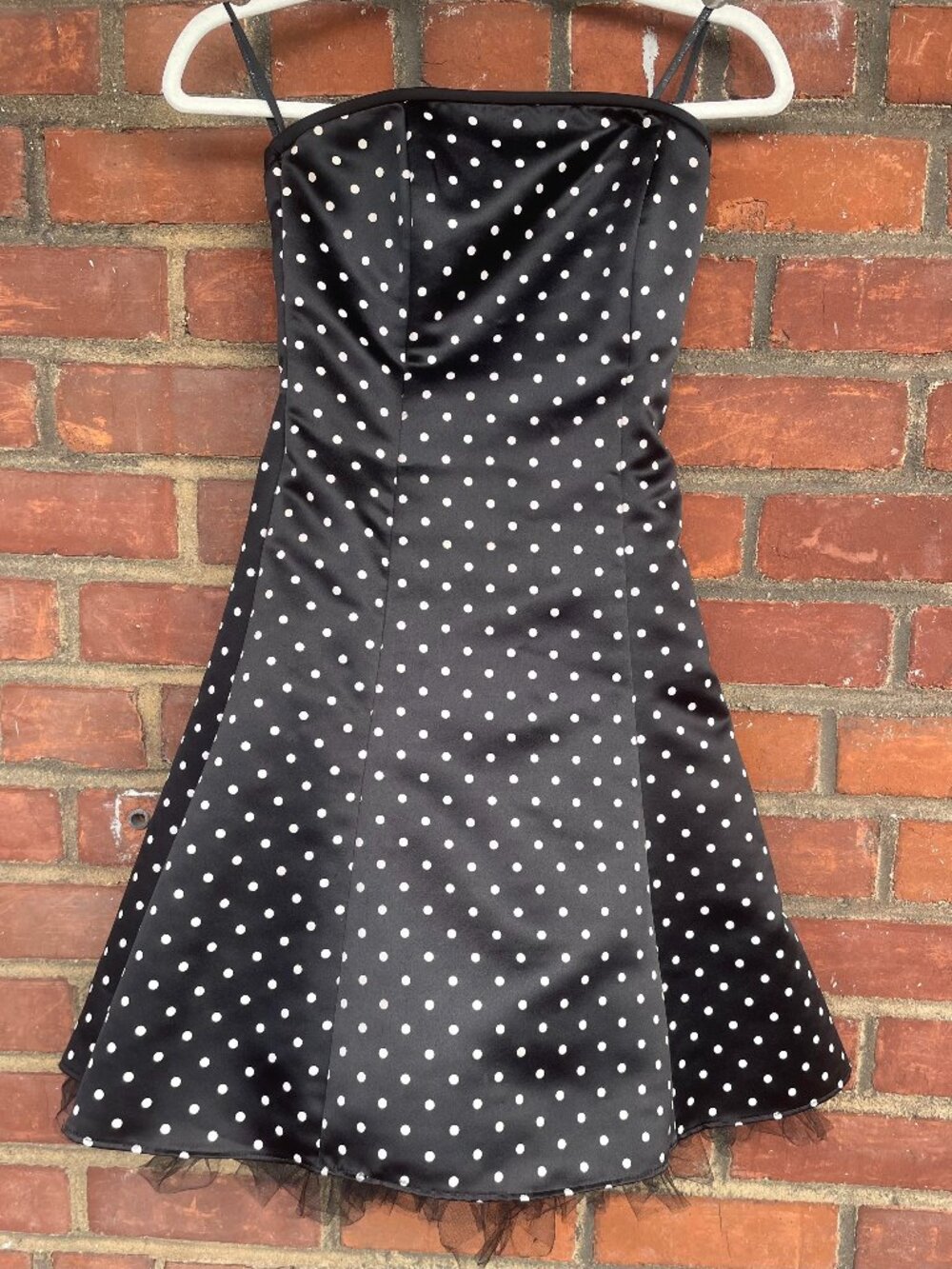 VTG Jessica McClintock Gunne Sax Dress Strapless Black White Polka Dot Tulle 3/4
